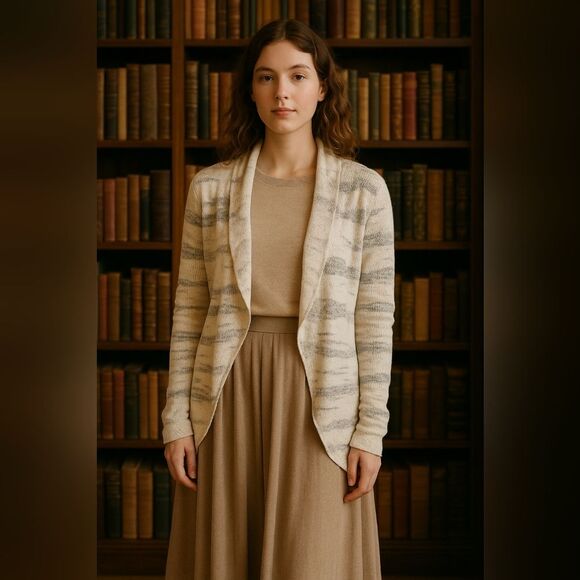 Cardigan Sweater Wool Mohair Blend M Open Knit Multicolor Cream Grey Lagenlook - Picture 1 of 11